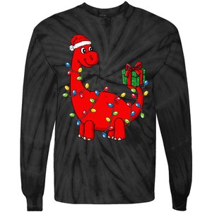 Festive Dino with Illuminated Decor Hilarious Holiday Tie-Dye Long Sleeve Shirt