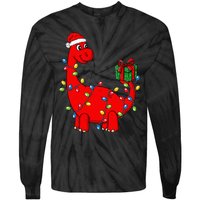 Festive Dino with Illuminated Decor Hilarious Holiday Tie-Dye Long Sleeve Shirt