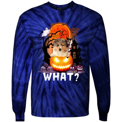 Funny Dog What? Rough Collie With Knife Halloween Costume Tie-Dye Long Sleeve Shirt