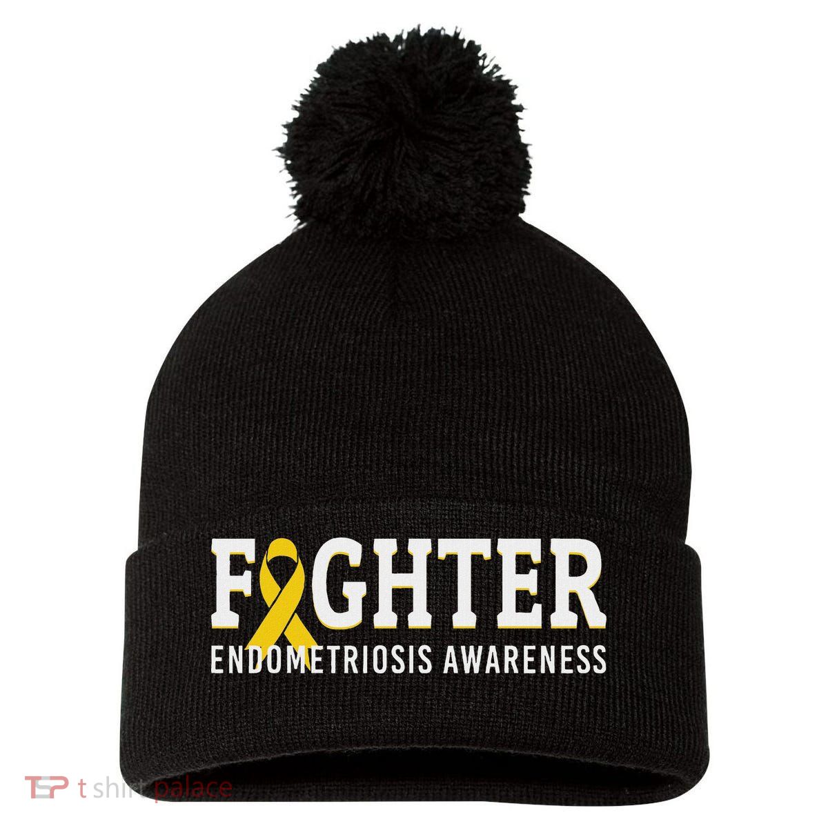 Fighter Endometriosis Awareness Month Ribbon Endo Warrior Pom Pom 12in Knit Beanie