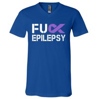 Fuck Epilepsy Awareness Month Purple Ribbon Warrior Fighter Cute Gift V-Neck T-Shirt