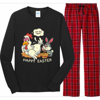 Funny Easter Bunny Collecting Easter Egg From Hen Easter Long Sleeve Pajama Set