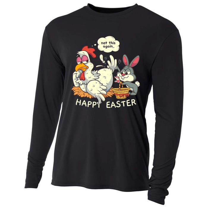 Funny Easter Bunny Collecting Easter Egg From Hen Easter Cooling Performance Long Sleeve Crew