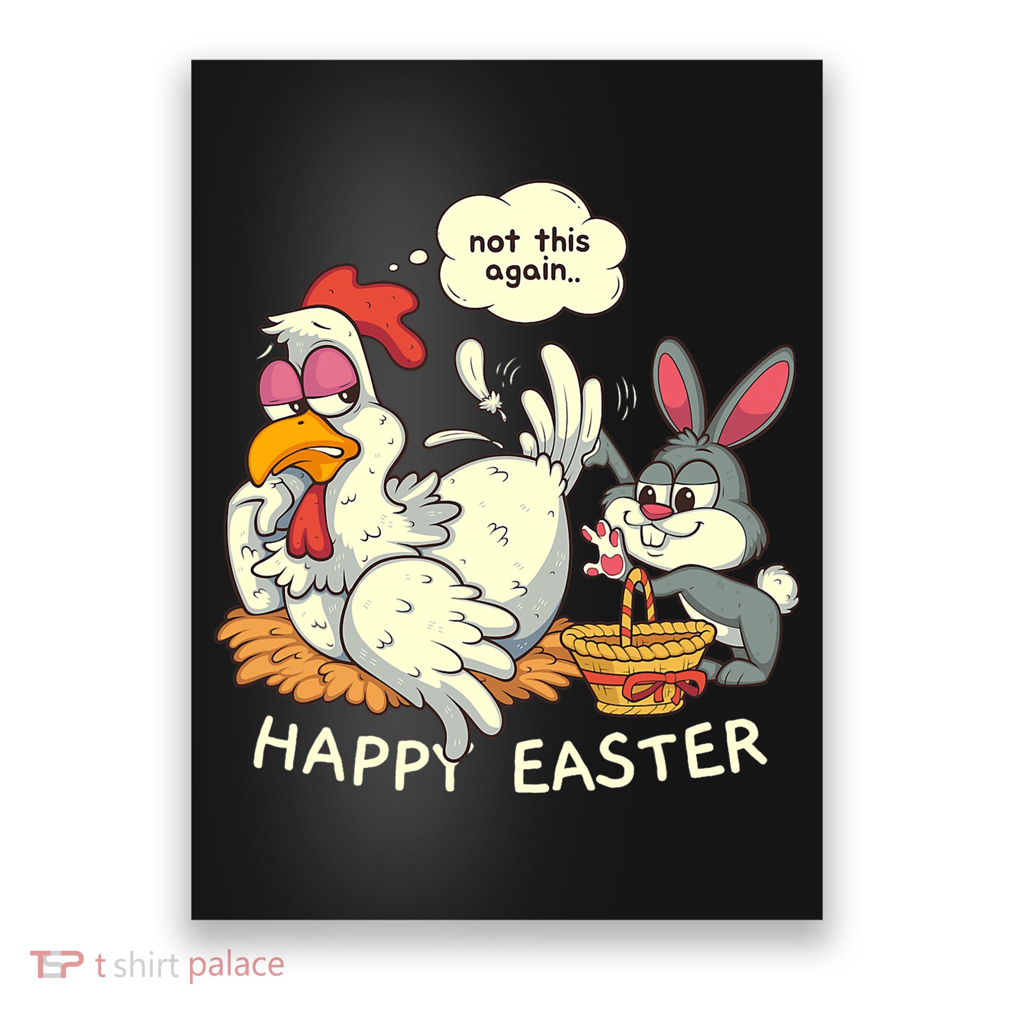 Funny Easter Bunny Collecting Easter Egg From Hen Easter Poster