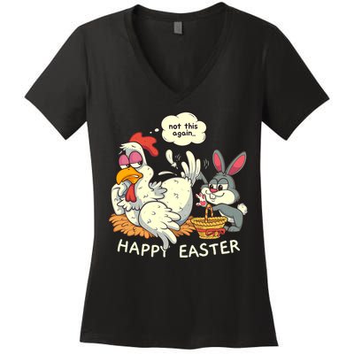 Funny Easter Bunny Collecting Easter Egg From Hen Easter Women's V-Neck T-Shirt