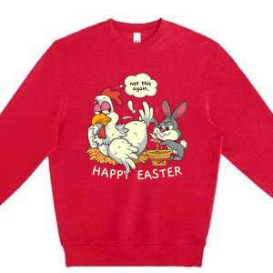 Funny Easter Bunny Collecting Easter Egg From Hen Easter Premium Crewneck Sweatshirt