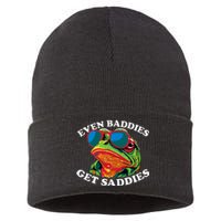 Funny Even Baddies Get Saddies Frog Sustainable Knit Beanie