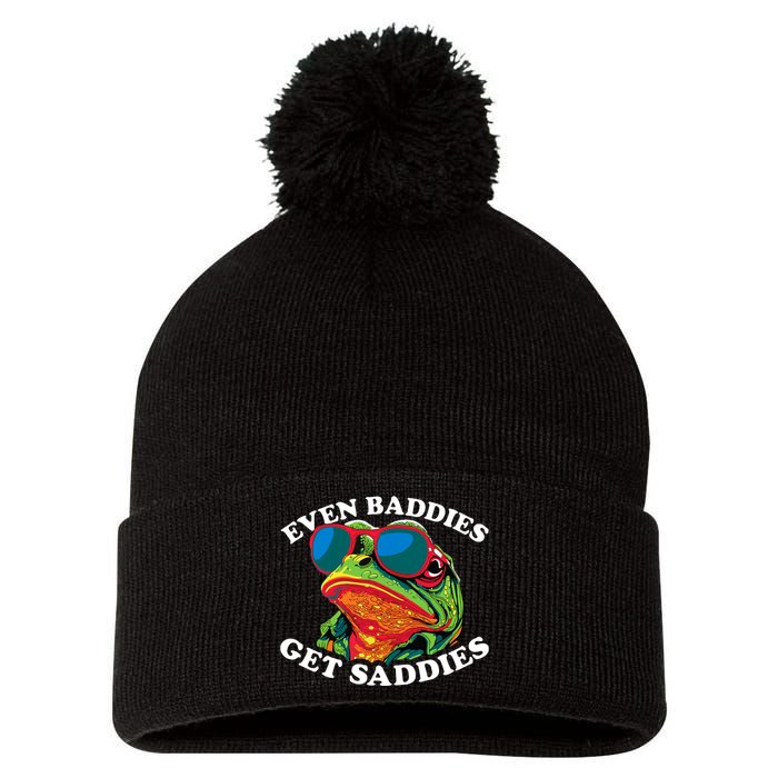 Funny Even Baddies Get Saddies Frog Pom Pom 12in Knit Beanie