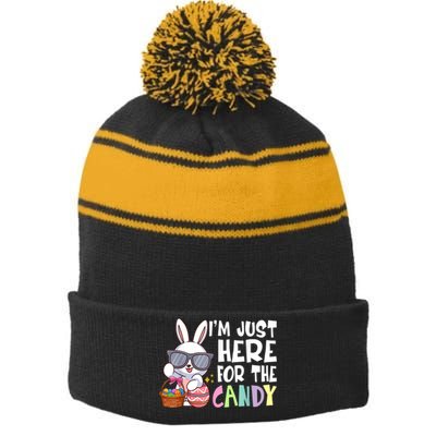 Funny Easter Bunny I'm Just Here For Easter Candy Stripe Pom Pom Beanie