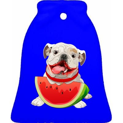 Funny English Bulldog Dog And Watermelon Slice Summer Vacation Gift Ceramic Bell Ornament