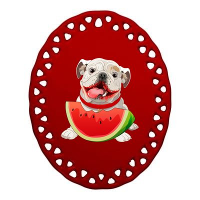 Funny English Bulldog Dog And Watermelon Slice Summer Vacation Gift Ceramic Oval Ornament