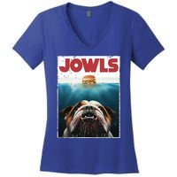 Funny English Bulldog Jowls Burger Bully Dog Mom Dog Dad Women's V-Neck T-Shirt