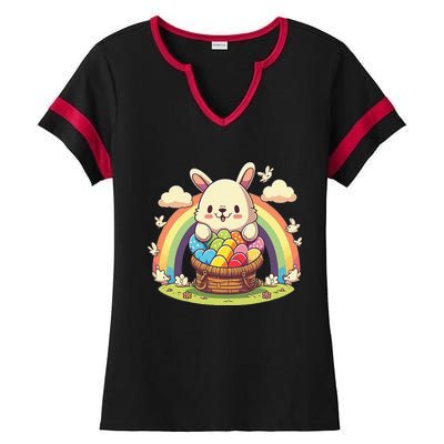 Fluffy Easter bunny holding a basket of colorful Easter eggs Ladies Halftime Notch Neck Tee