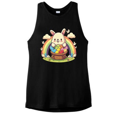 Fluffy Easter bunny holding a basket of colorful Easter eggs Ladies PosiCharge Tri-Blend Wicking Tank