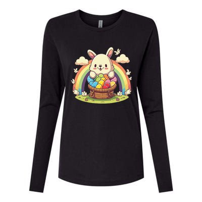 Fluffy Easter bunny holding a basket of colorful Easter eggs Womens Cotton Relaxed Long Sleeve T-Shirt