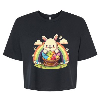 Fluffy Easter bunny holding a basket of colorful Easter eggs Bella+Canvas Jersey Crop Tee