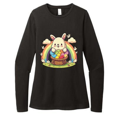 Fluffy Easter bunny holding a basket of colorful Easter eggs Womens CVC Long Sleeve Shirt