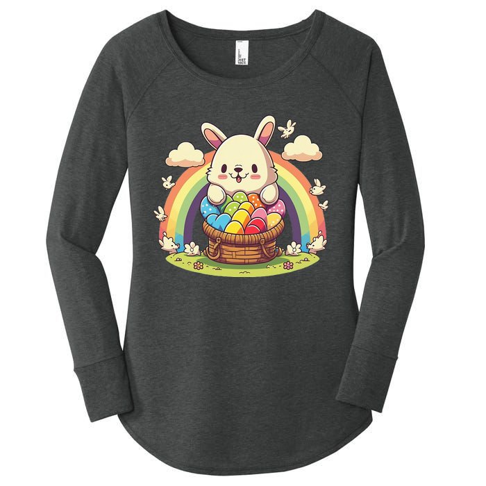 Fluffy Easter bunny holding a basket of colorful Easter eggs Women's Perfect Tri Tunic Long Sleeve Shirt