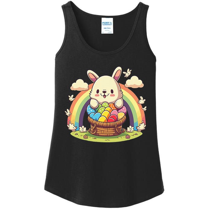 Fluffy Easter bunny holding a basket of colorful Easter eggs Ladies Essential Tank