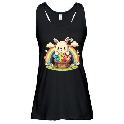 Fluffy Easter bunny holding a basket of colorful Easter eggs Ladies Essential Flowy Tank