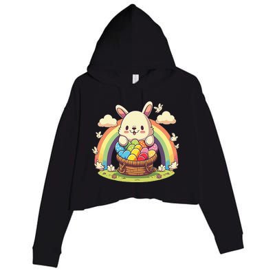 Fluffy Easter bunny holding a basket of colorful Easter eggs Crop Fleece Hoodie