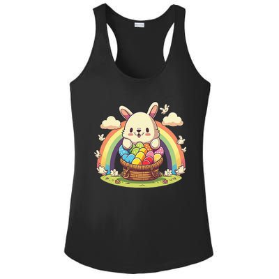 Fluffy Easter bunny holding a basket of colorful Easter eggs Ladies PosiCharge Competitor Racerback Tank