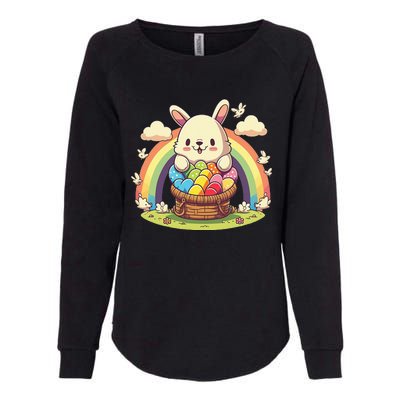 Fluffy Easter bunny holding a basket of colorful Easter eggs Womens California Wash Sweatshirt