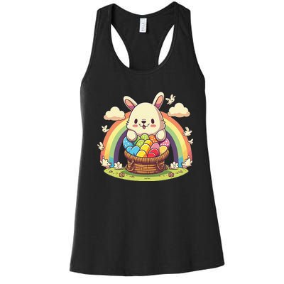 Fluffy Easter bunny holding a basket of colorful Easter eggs Women's Racerback Tank