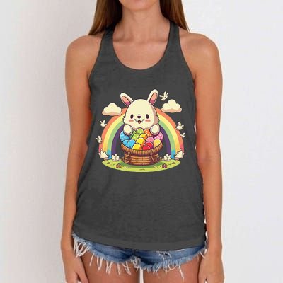 Fluffy Easter bunny holding a basket of colorful Easter eggs Women's Knotted Racerback Tank