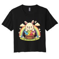 Fluffy Easter bunny holding a basket of colorful Easter eggs Women's Crop Top Tee