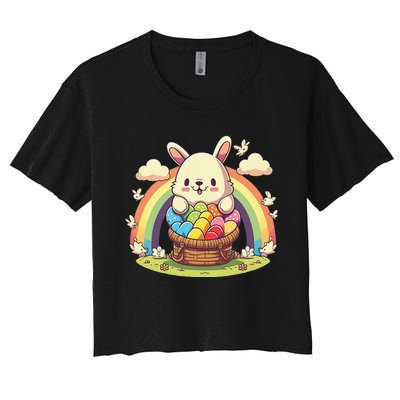 Fluffy Easter bunny holding a basket of colorful Easter eggs Women's Crop Top Tee