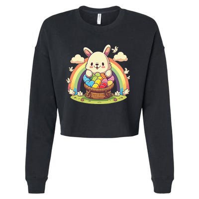 Fluffy Easter bunny holding a basket of colorful Easter eggs Cropped Pullover Crew