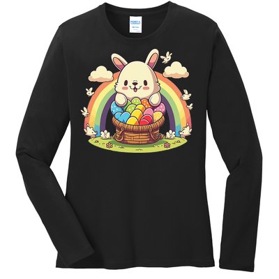 Fluffy Easter bunny holding a basket of colorful Easter eggs Ladies Long Sleeve Shirt