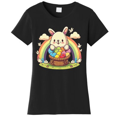 Fluffy Easter bunny holding a basket of colorful Easter eggs Women's T-Shirt