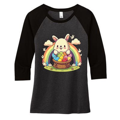 Fluffy Easter bunny holding a basket of colorful Easter eggs Women's Tri-Blend 3/4-Sleeve Raglan Shirt