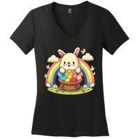 Fluffy Easter bunny holding a basket of colorful Easter eggs Women's V-Neck T-Shirt