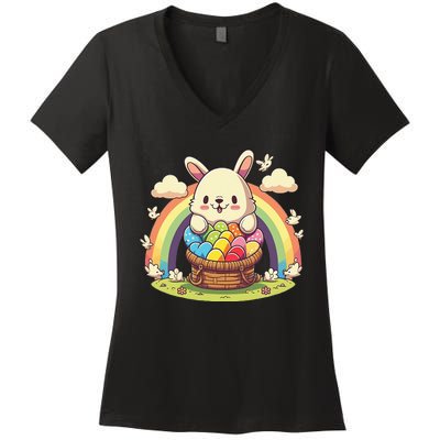 Fluffy Easter bunny holding a basket of colorful Easter eggs Women's V-Neck T-Shirt