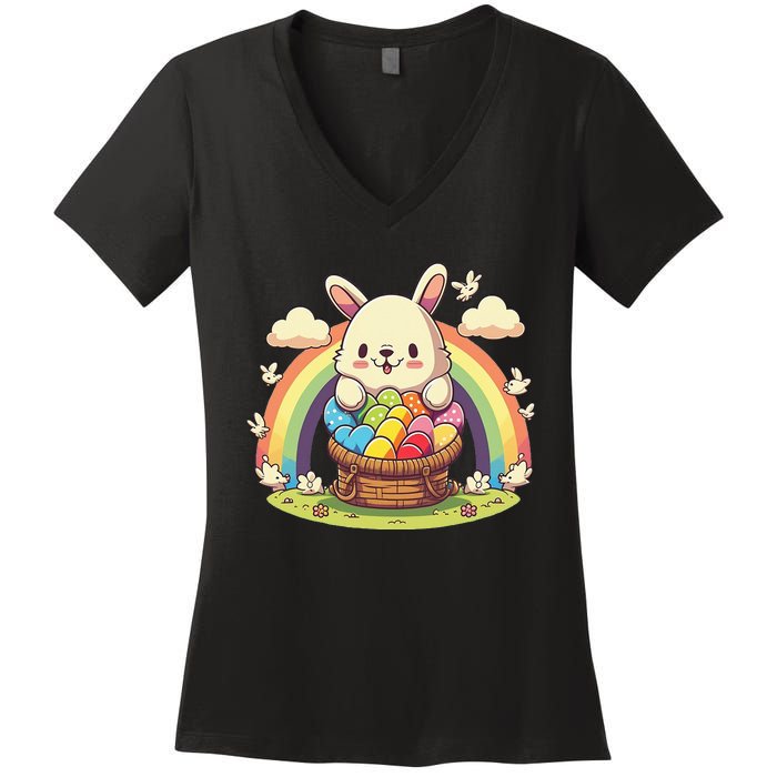 Fluffy Easter bunny holding a basket of colorful Easter eggs Women's V-Neck T-Shirt