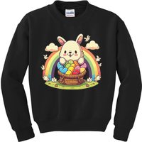 Fluffy Easter bunny holding a basket of colorful Easter eggs Kids Sweatshirt