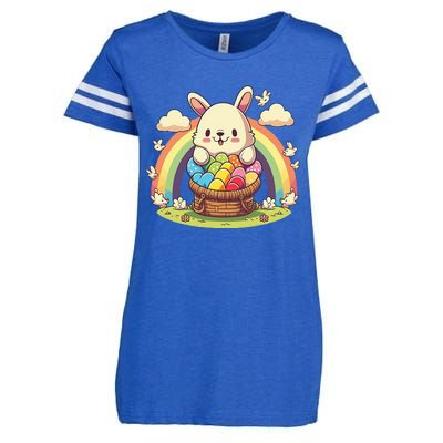 Fluffy Easter bunny holding a basket of colorful Easter eggs Enza Ladies Jersey Football T-Shirt