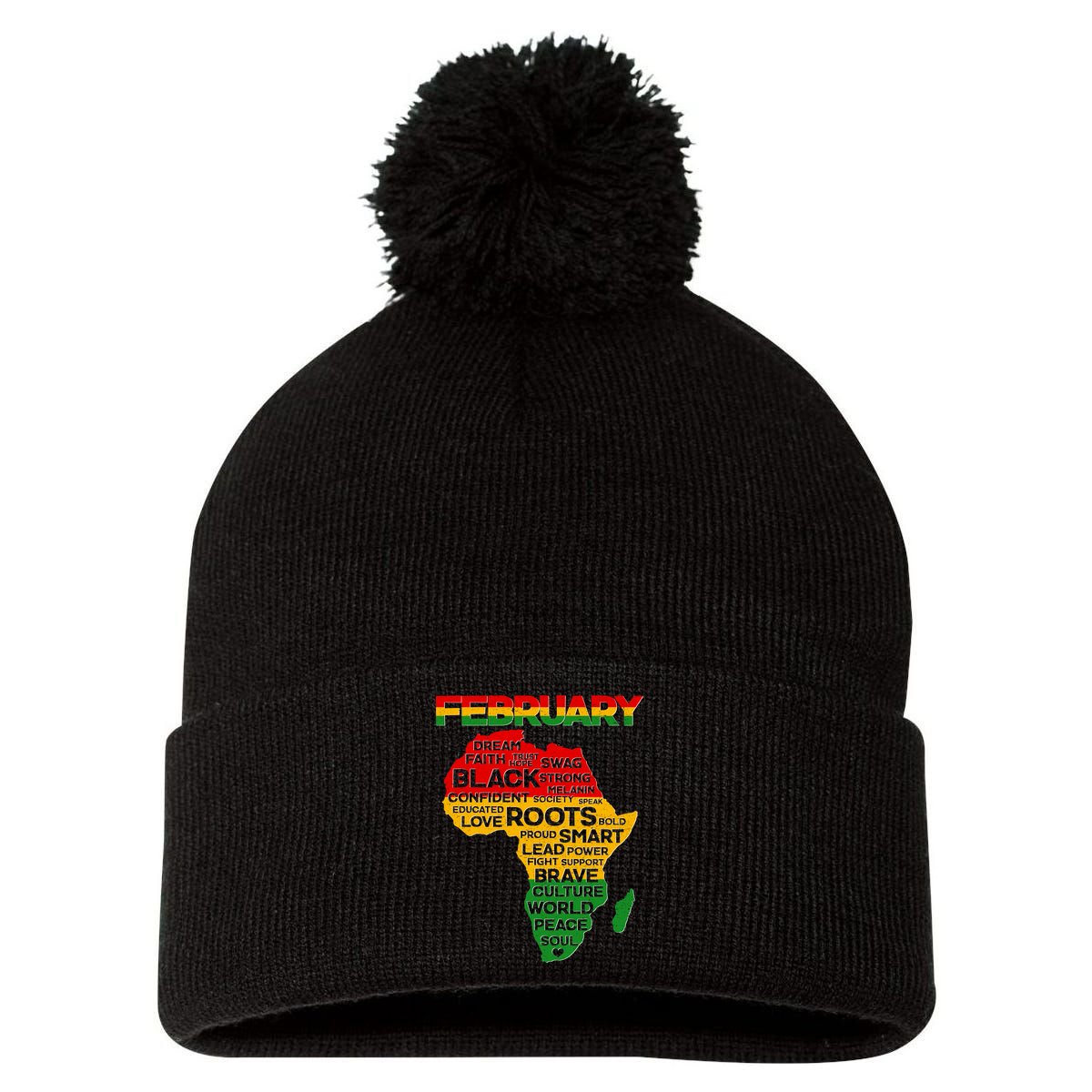 February Africa Black History Month Pom Pom 12in Knit Beanie
