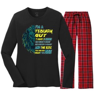 February Birthday Guy Has 3 Sides Sweet Funny Crazy  Women's Long Sleeve Flannel Pajama Set 