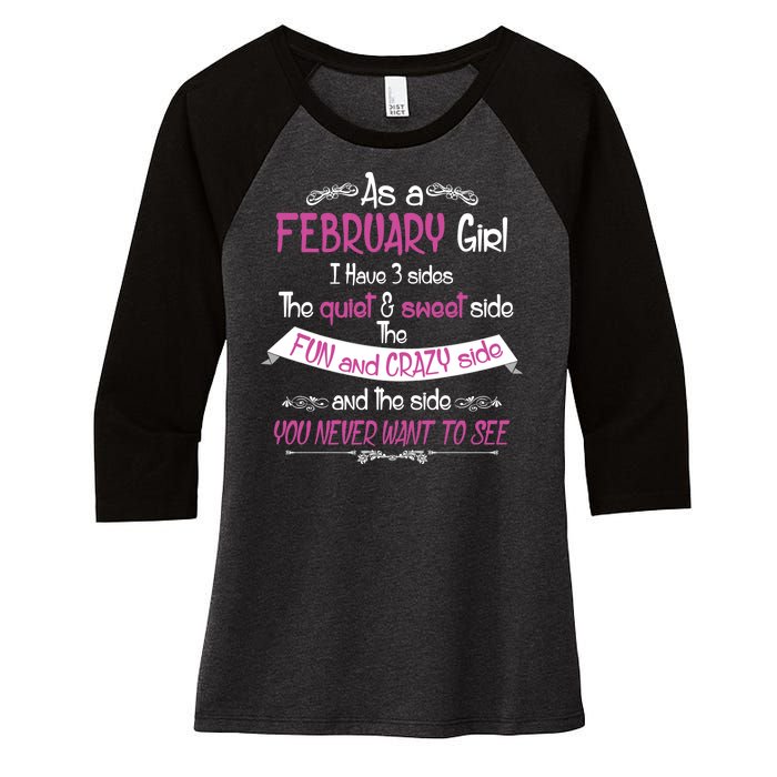 February Girl Sweet But Crazy Funny Birthday Women's Tri-Blend 3/4-Sleeve Raglan Shirt