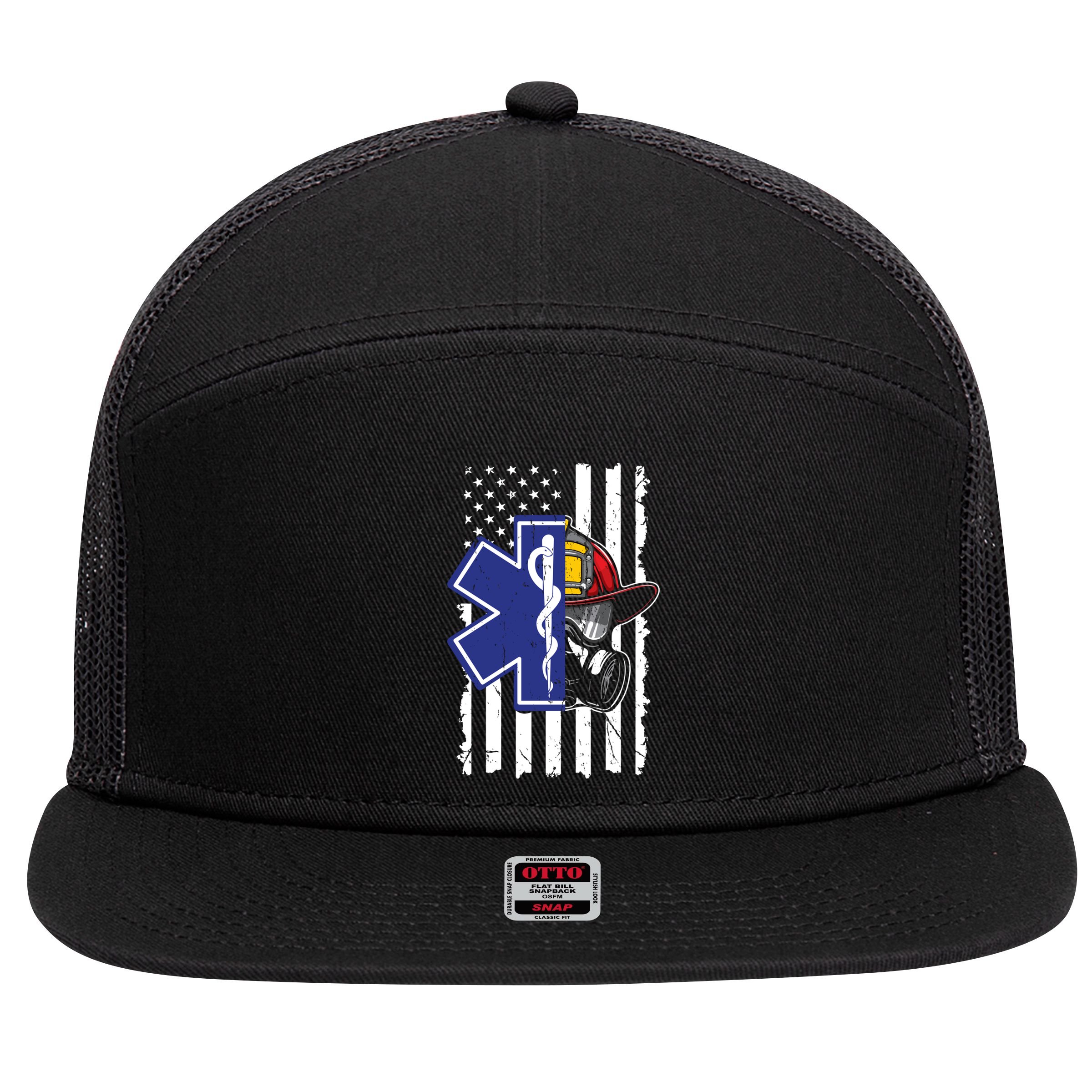 Firefighter Ems Cross Usa Flag Distressed Heros Novelty Cool Gift 7 Panel Mesh Trucker Snapback Hat