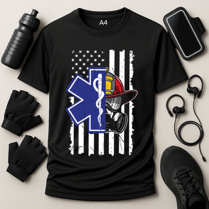 Firefighter Ems Cross Usa Flag Distressed Heros Novelty Cool Gift Cooling Performance Crew T-Shirt