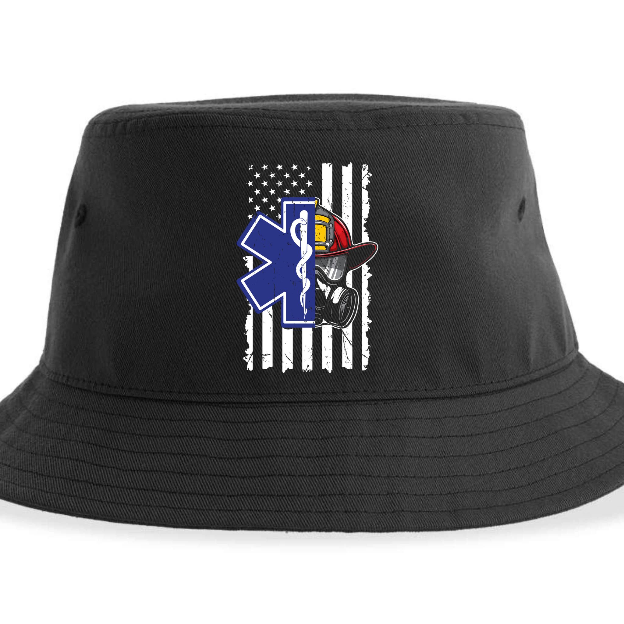 Firefighter Ems Cross Usa Flag Distressed Heros Novelty Cool Gift Sustainable Bucket Hat