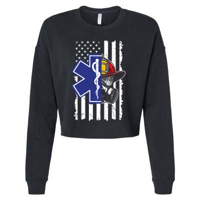 Firefighter Ems Cross Usa Flag Distressed Heros Novelty Cool Gift Cropped Pullover Crew
