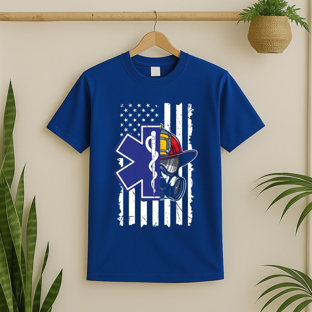 Firefighter Ems Cross Usa Flag Distressed Heros Novelty Cool Gift T-Shirt
