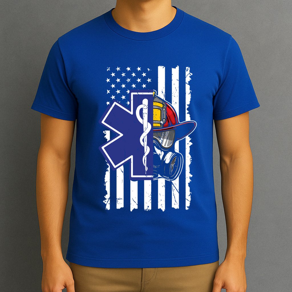 Firefighter Ems Cross Usa Flag Distressed Heros Novelty Cool Gift T-Shirt