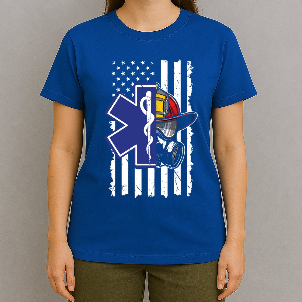 Firefighter Ems Cross Usa Flag Distressed Heros Novelty Cool Gift T-Shirt